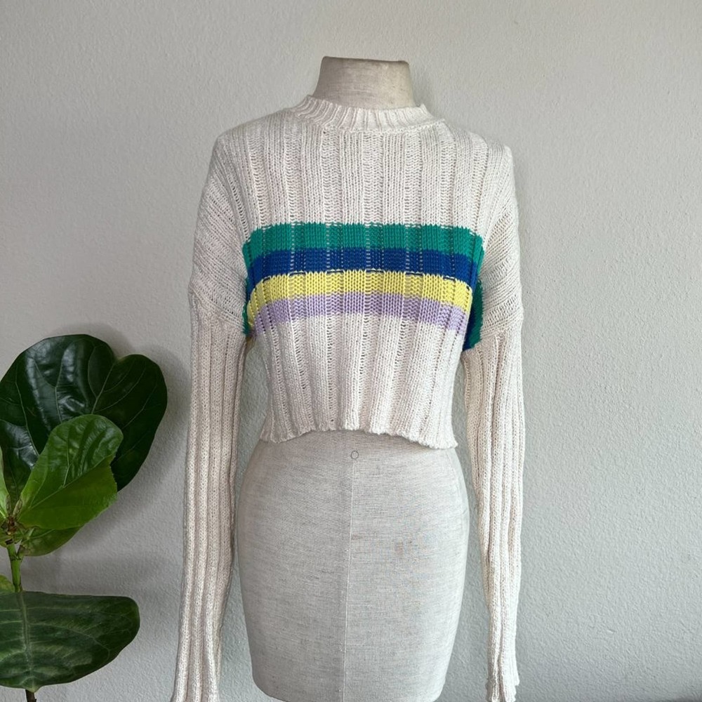 Crop Knit Sweater Pullover Striped Drop Shoulder Long Sleeve - Picture 4 of 9